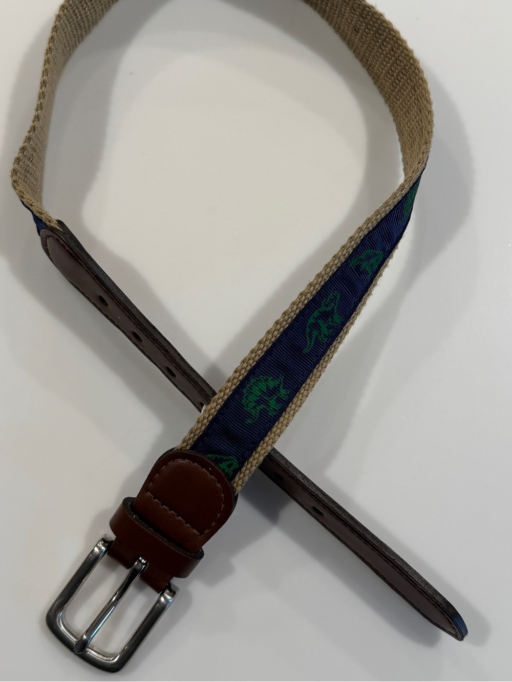 Boys Navy and Tan Dinosaur Woven Leather-Trim Belt